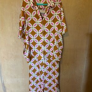 Zara Pajama Set in Pink and Brown Geometric Pattern